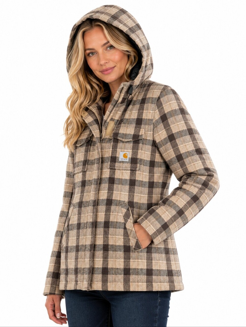 Carhartt Women’s Plaid Wool Blend Hooded Jacket Brown Small Y2K EUC